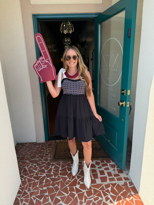 Black Shoulder Tie Smocked Dress