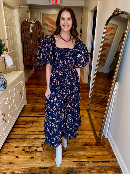 Navy Floral Smocked Maxi Dress