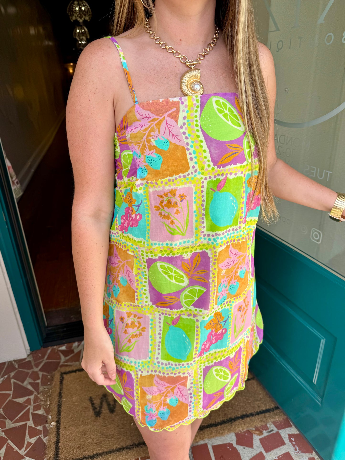 Tropical Mosaic Scalloped Detail Dress