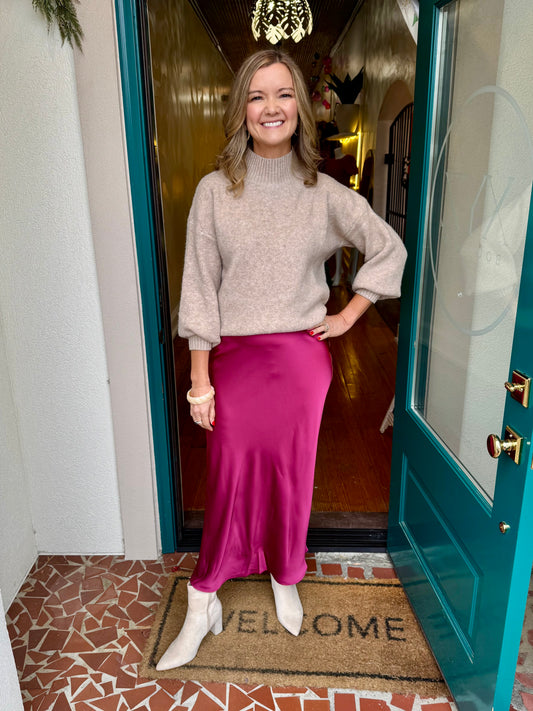 Cranberry Satin Midi Skirt