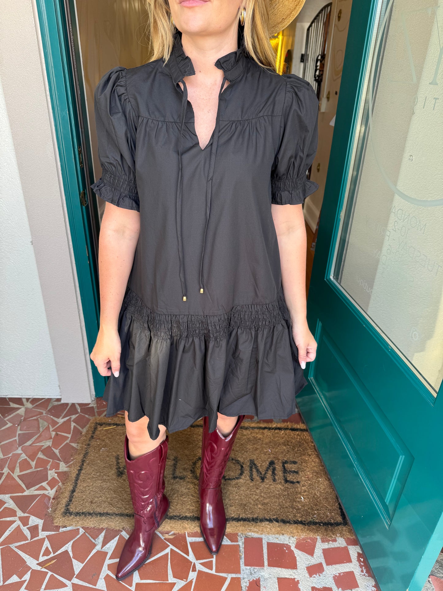 Black Solid Dress With Self-tie Detail