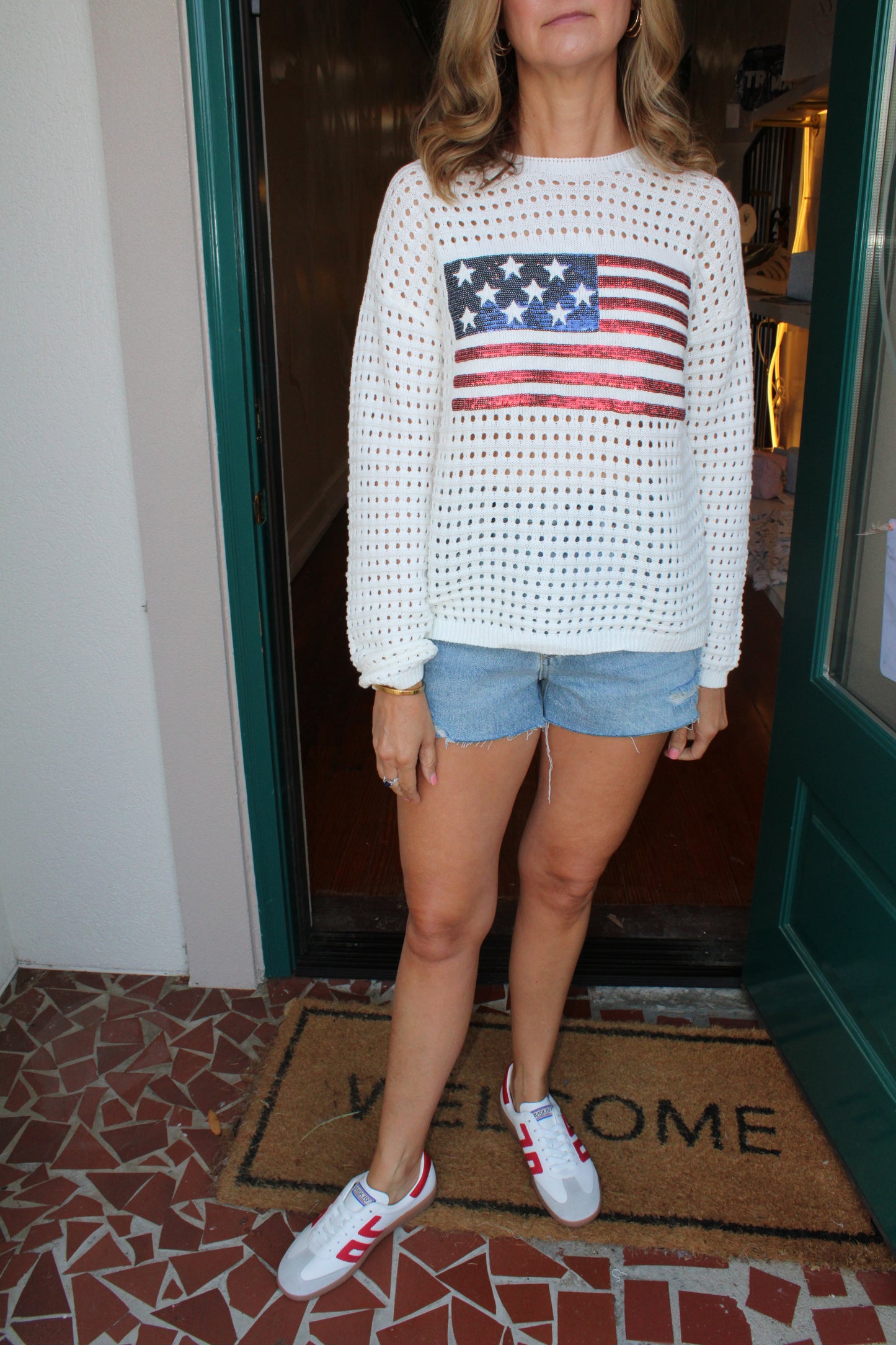 Sequin American Flag Patch Open Stitch Sweater Top