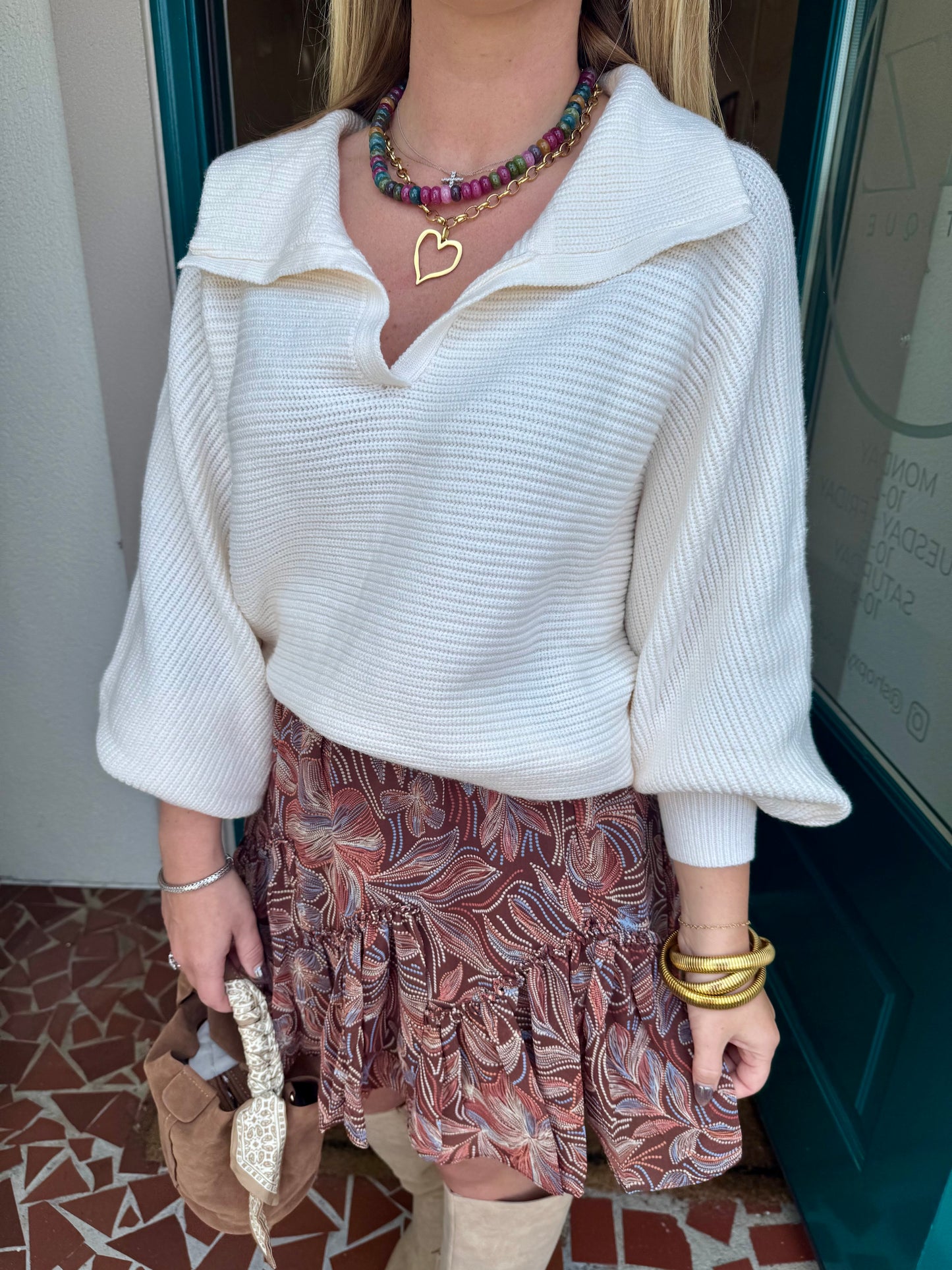 Cream Collared Dolman Sleeve Ribbed Sweater