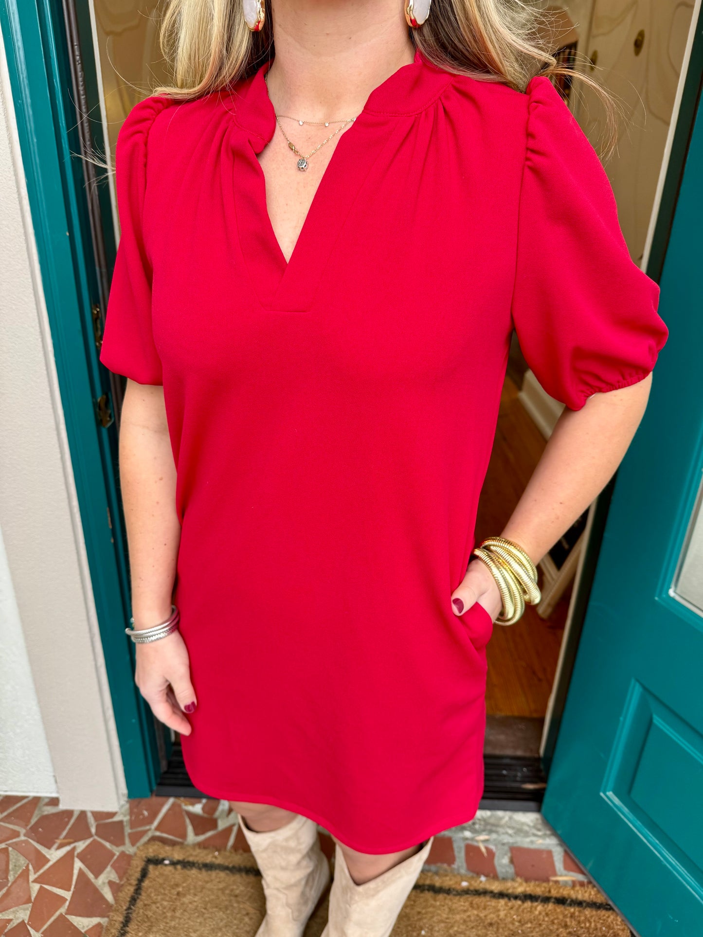 Red Mandarin Collar Dress