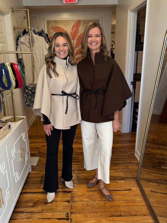 Funnel Neck Faux Leather Belt Cape