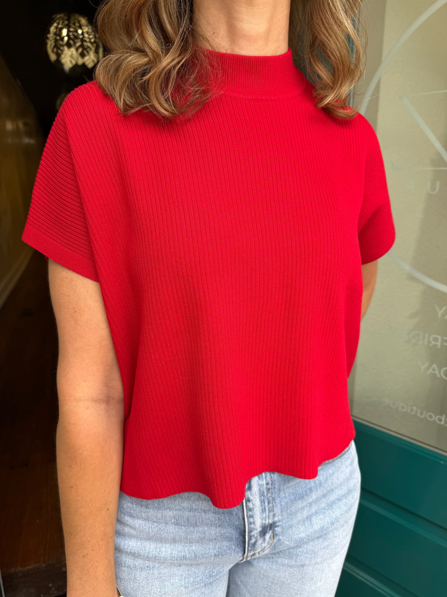 Mock Neck Ribbed Short Sleeve Top