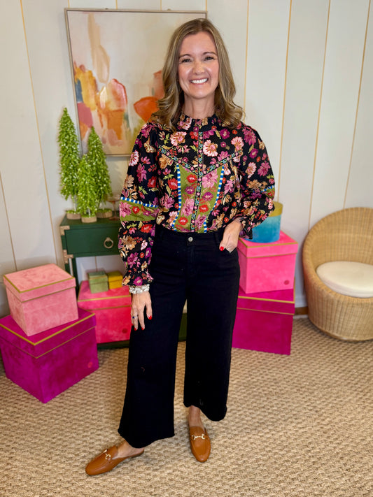 Black Floral Border Print Top With Floral Trim