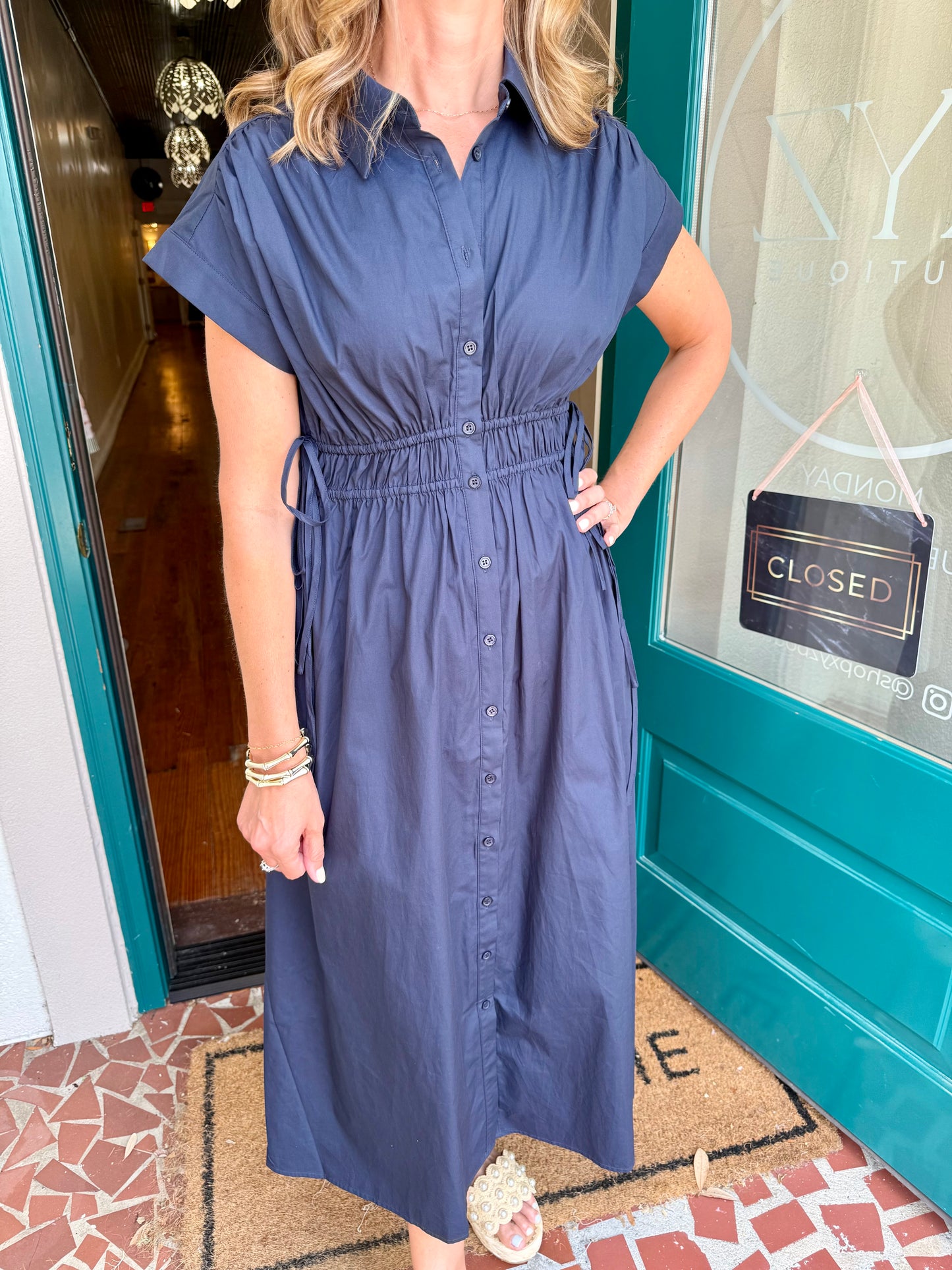 Navy Cotton Poplin Shirt Midi Dress With Pockets