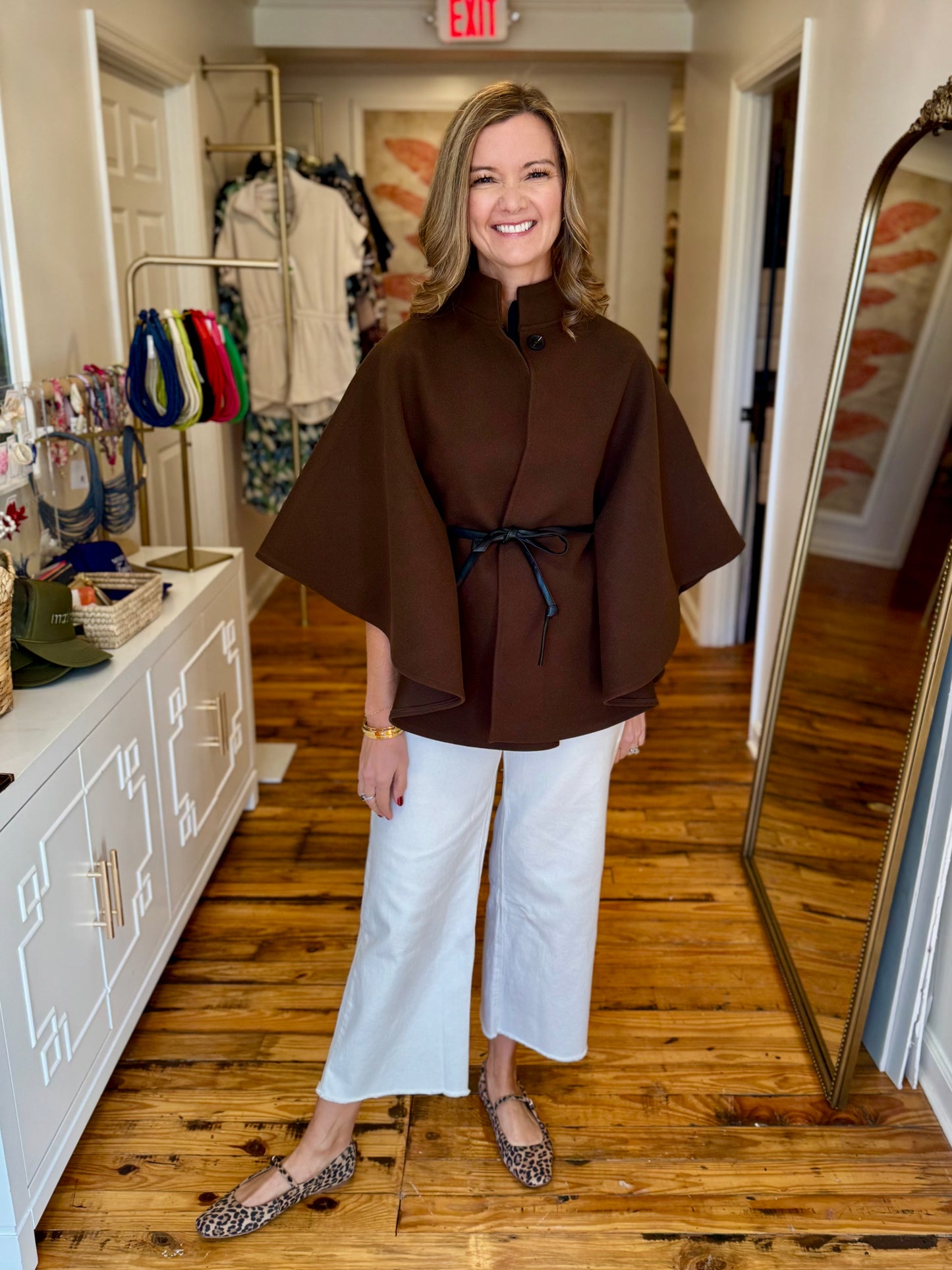 Funnel Neck Faux Leather Belt Cape