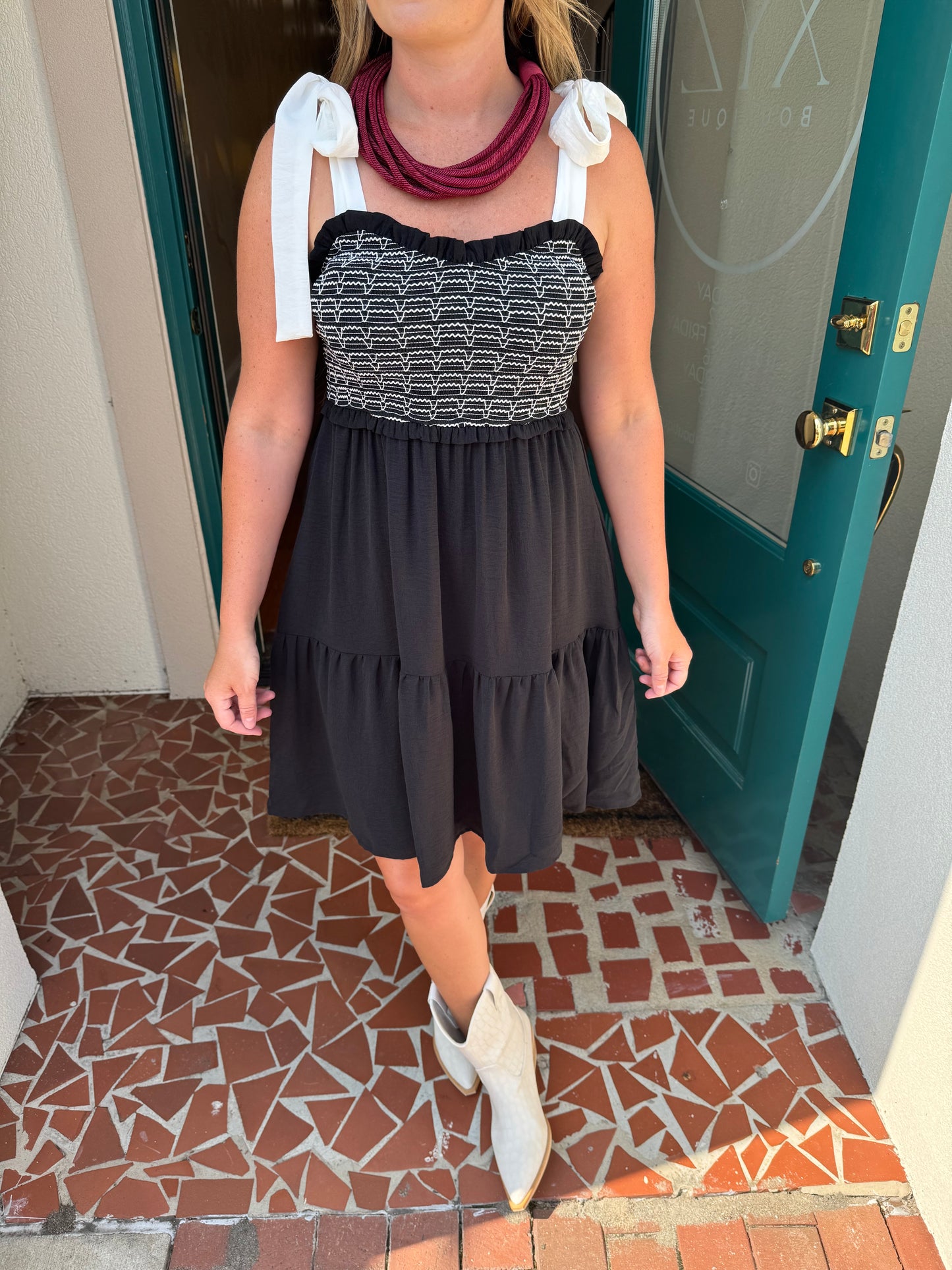 Black Shoulder Tie Smocked Dress