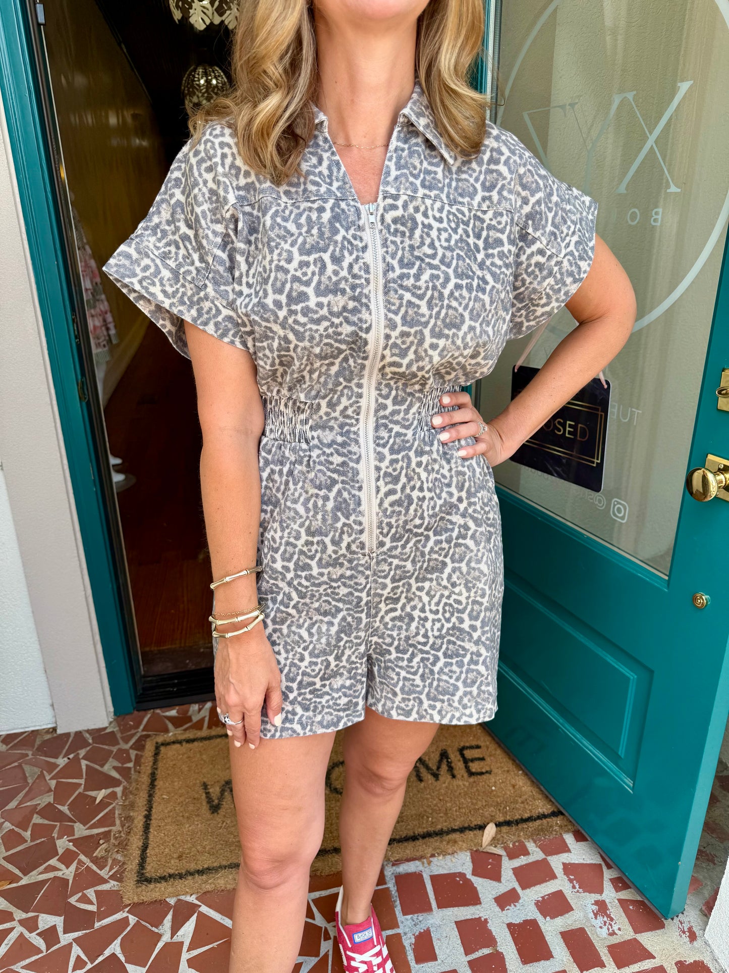 Front Zip Up Leopard Romper