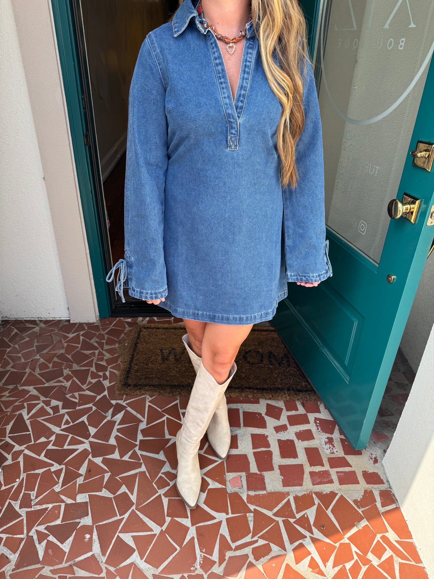 Denim Collared V Neck Dress