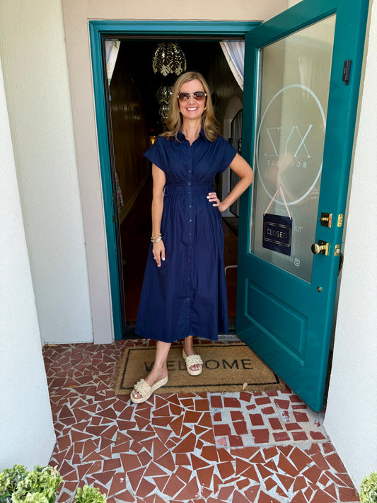 Navy Cotton Poplin Shirt Midi Dress With Pockets