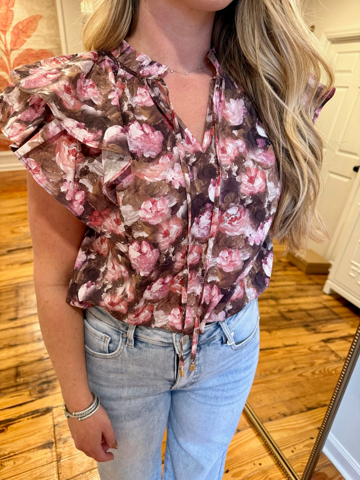 Floral Print Tiered Ruffle Sleeve Top