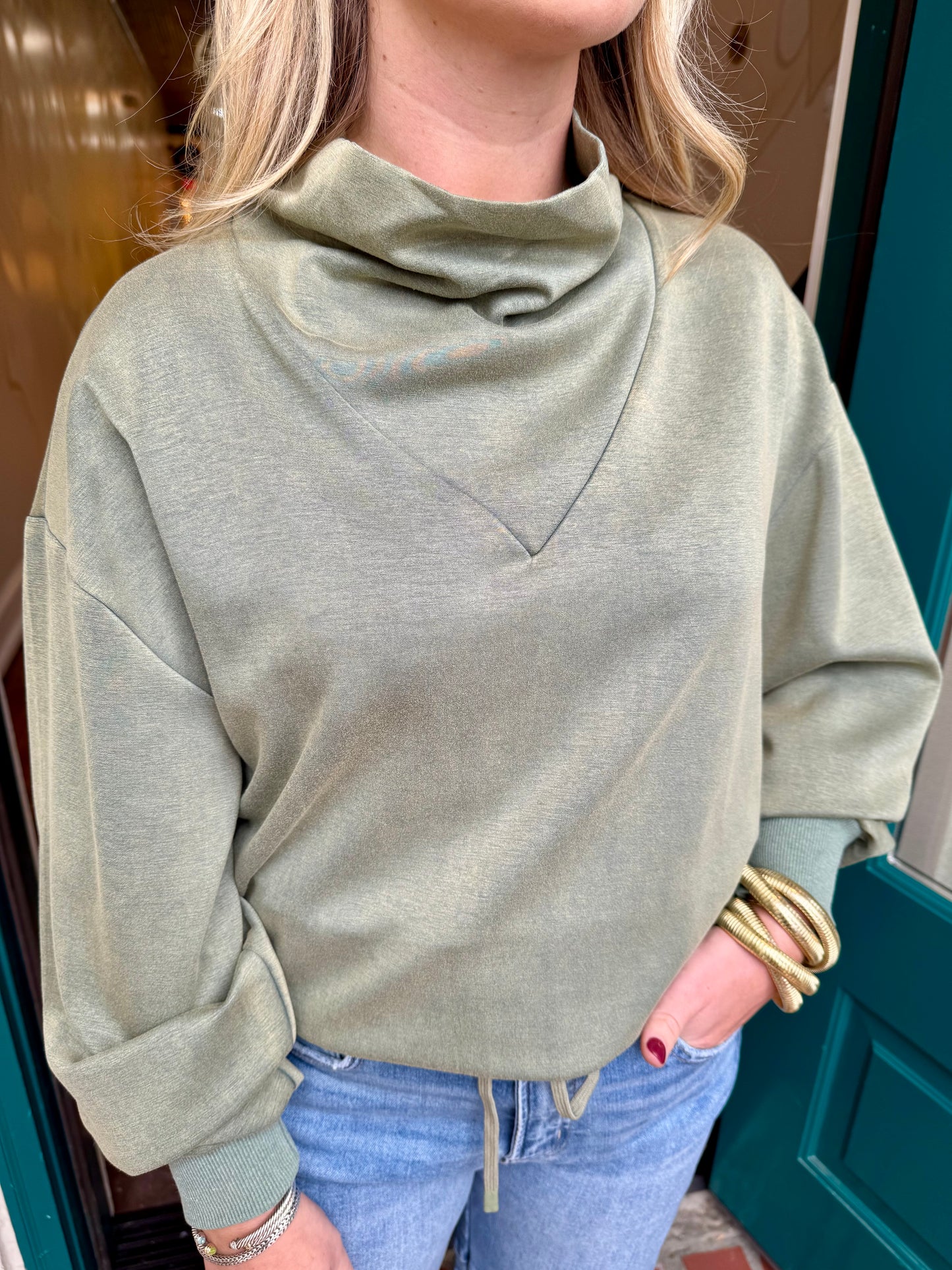 Light Olive Luxeknit Cowl Neck Top
