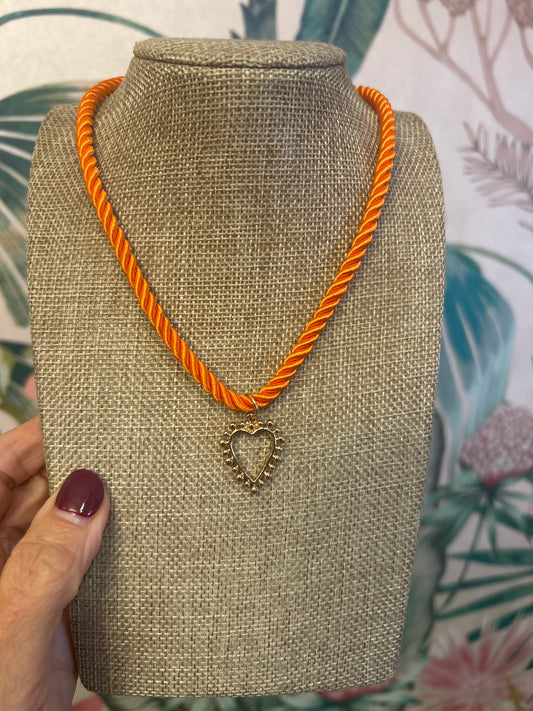 Orange Cord Heart Pendant  Necklace