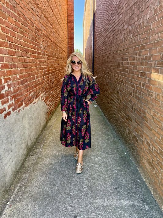 Black Floral Button-Front Maxi Shirt Dress with Waist Tie