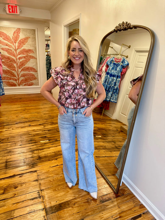 Floral Print Tiered Ruffle Sleeve Top