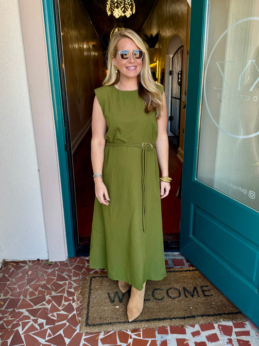 Olive Dress with Embellished Gold Belt