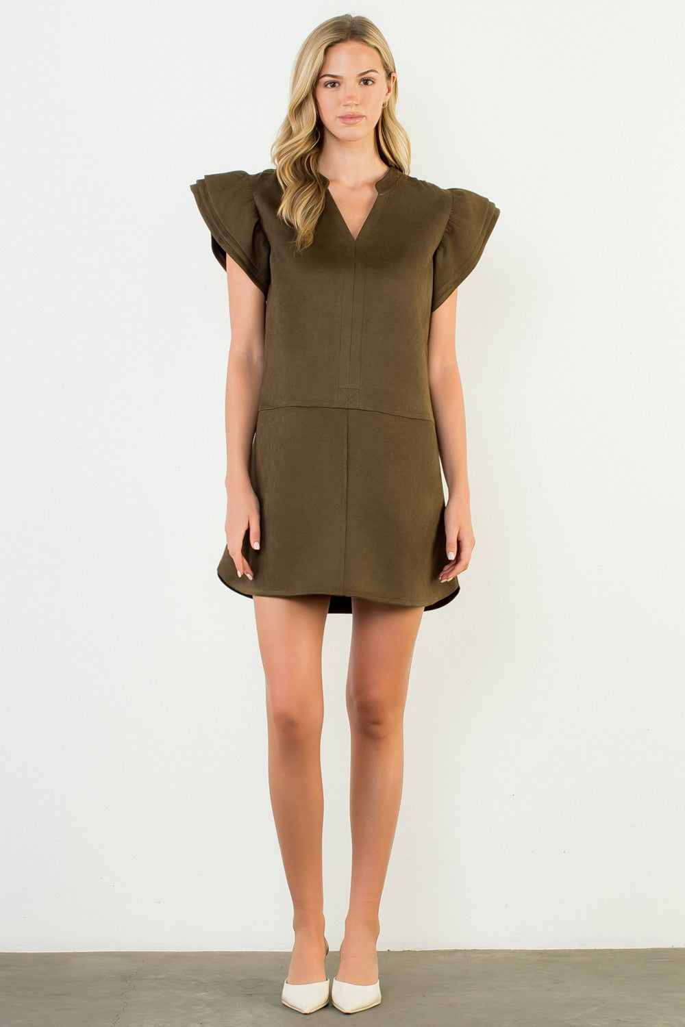 Flutter Sleeve Suede Dress