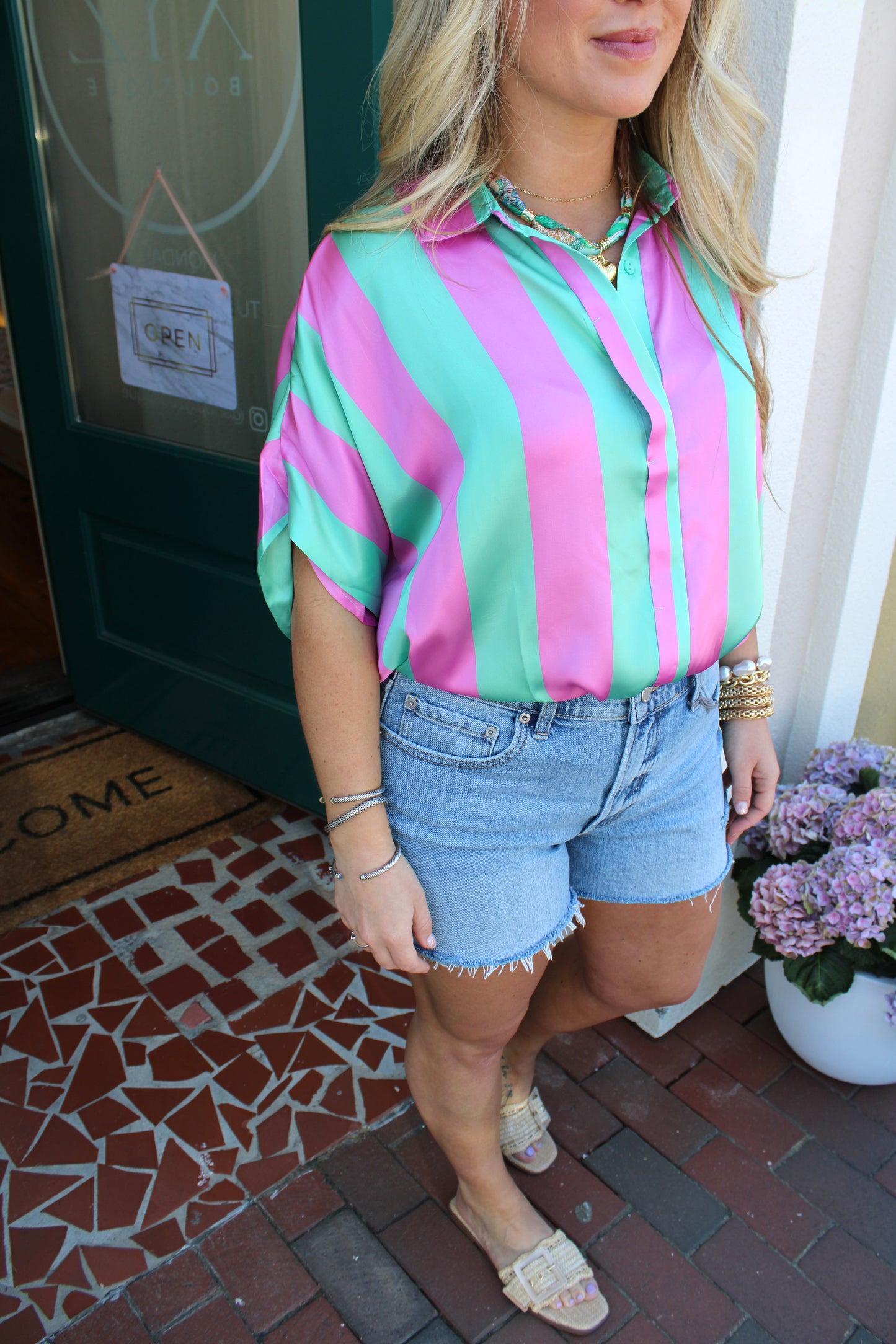 Striped Oversized Hidden Placket Button Down Hem Top