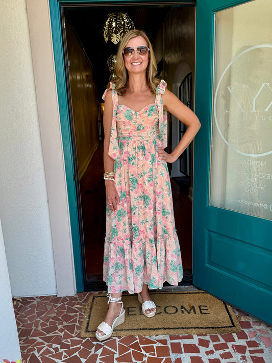 Floral Ribbon Tie Maxi Dress