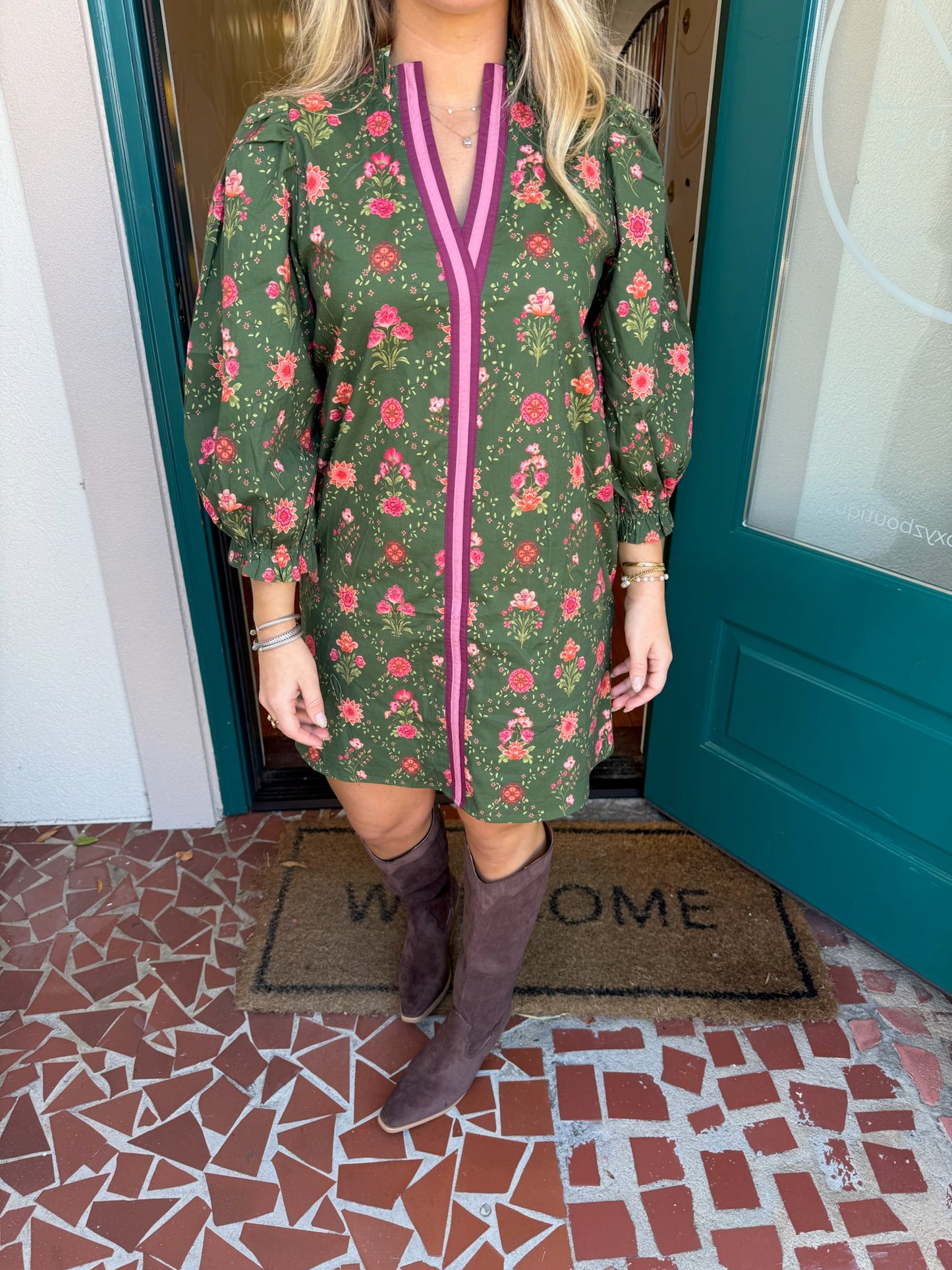 Green Floral Contrast Trim Dress