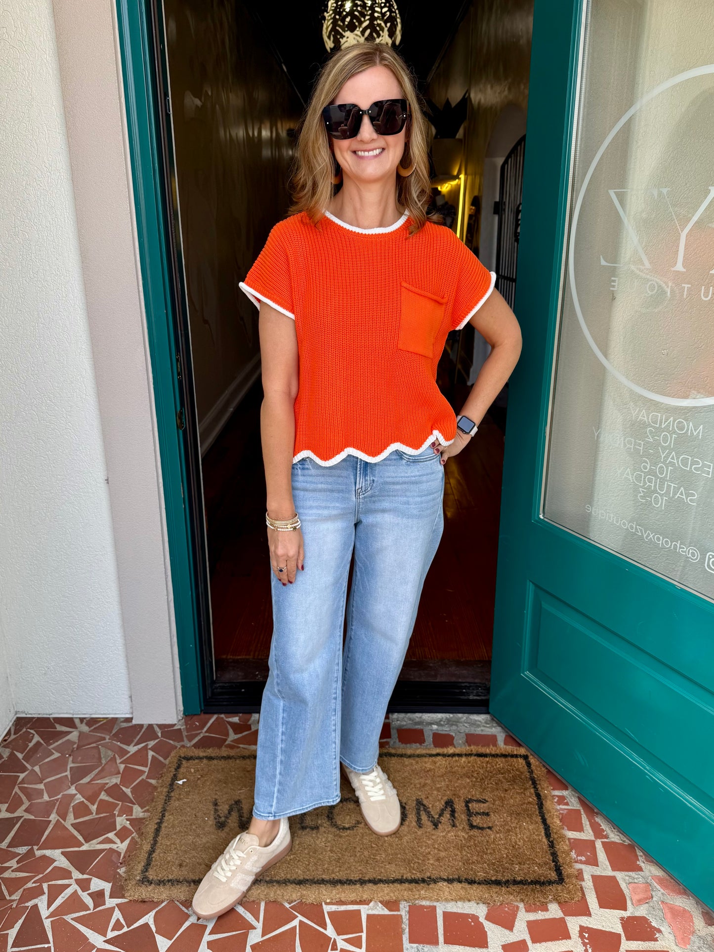 Drop Shoulder Short Sleeve Scallop Hem Sweater