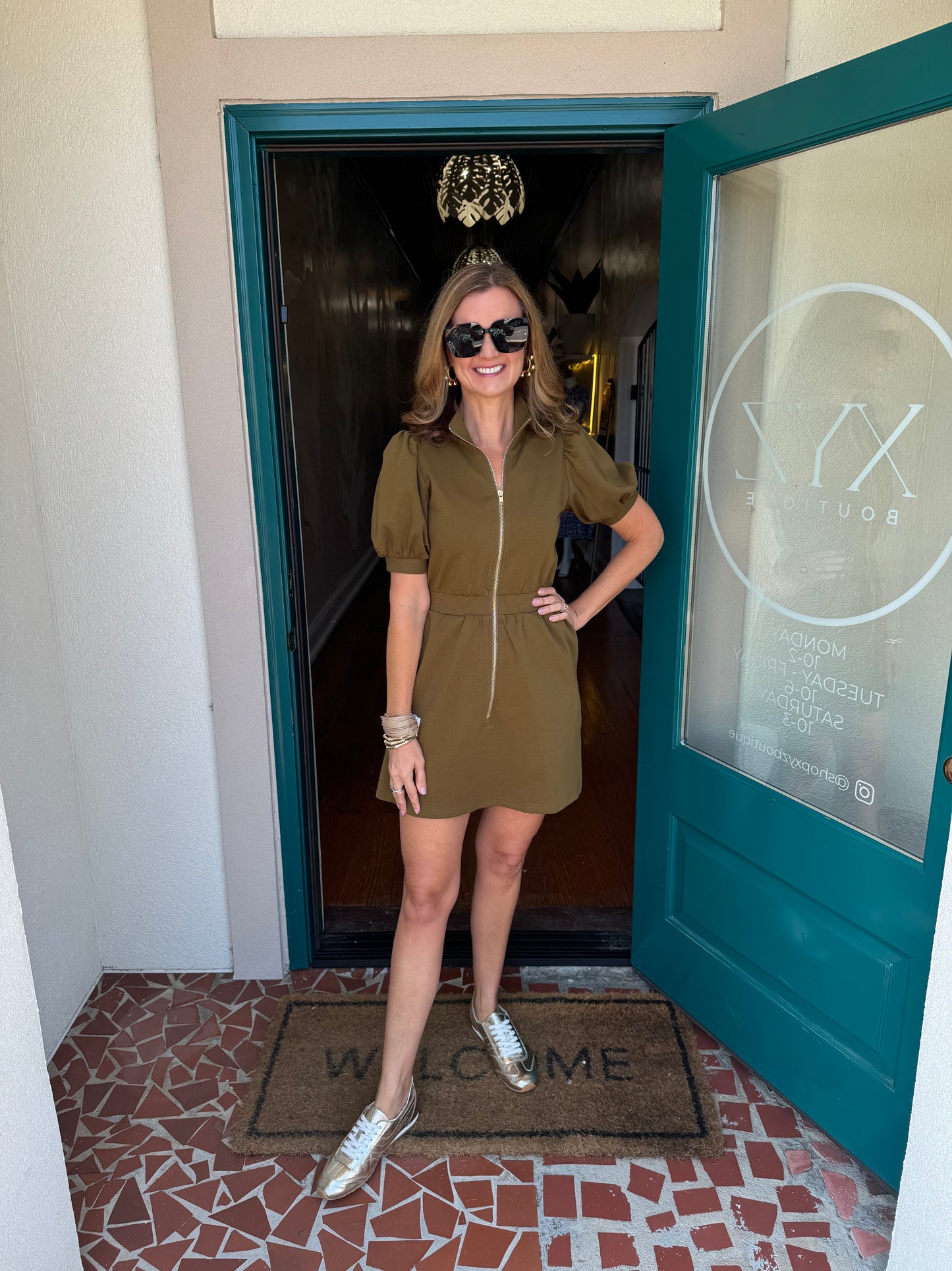 Solid Short Puff Sleeve Zip-Front Pullover Dress