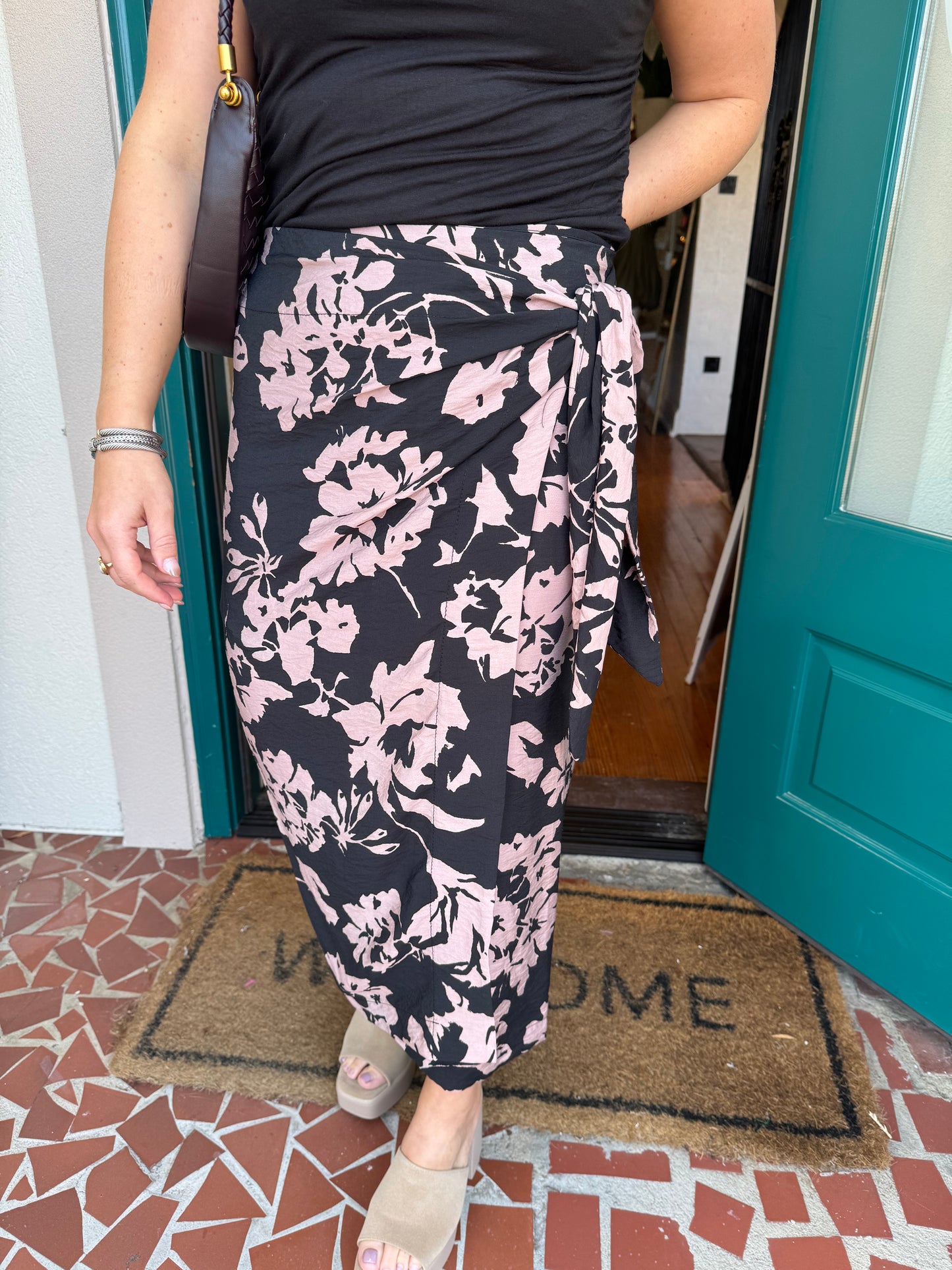 Black Floral Printed Skirt With Tie Detail On Side