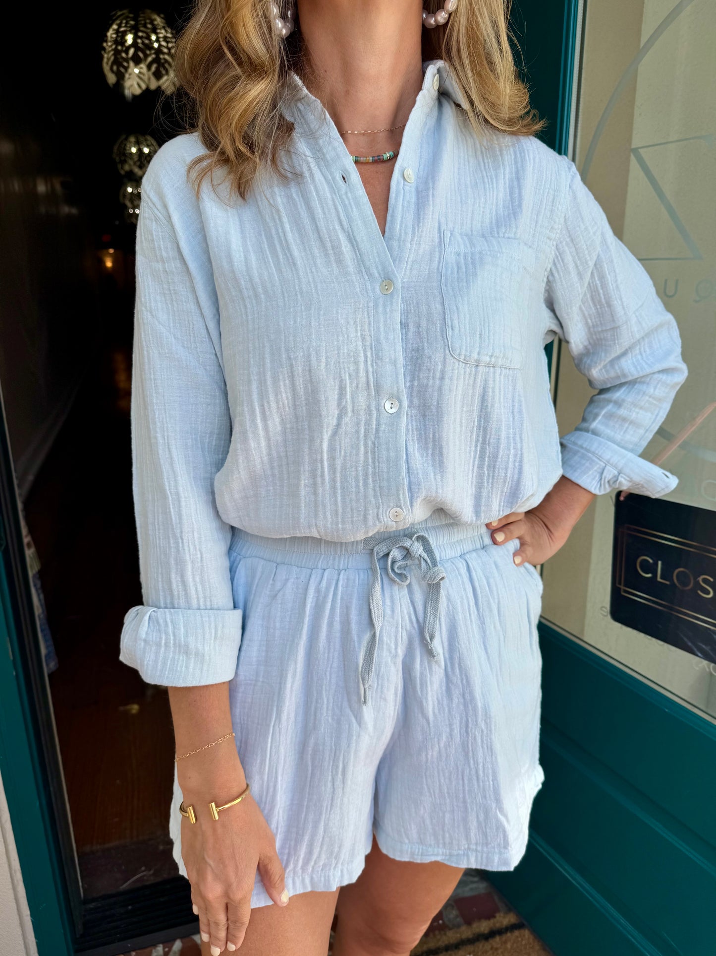 Light Blue Gauze Button Down Top