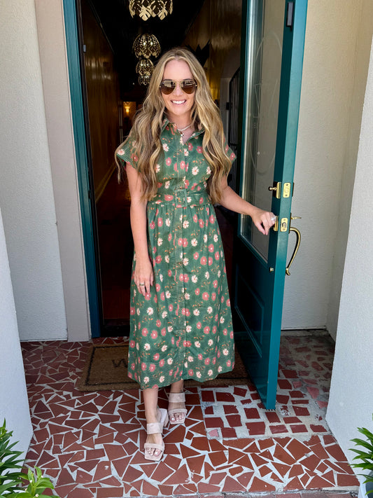 Green Print Shirt Collar Short Slv Midi Dress