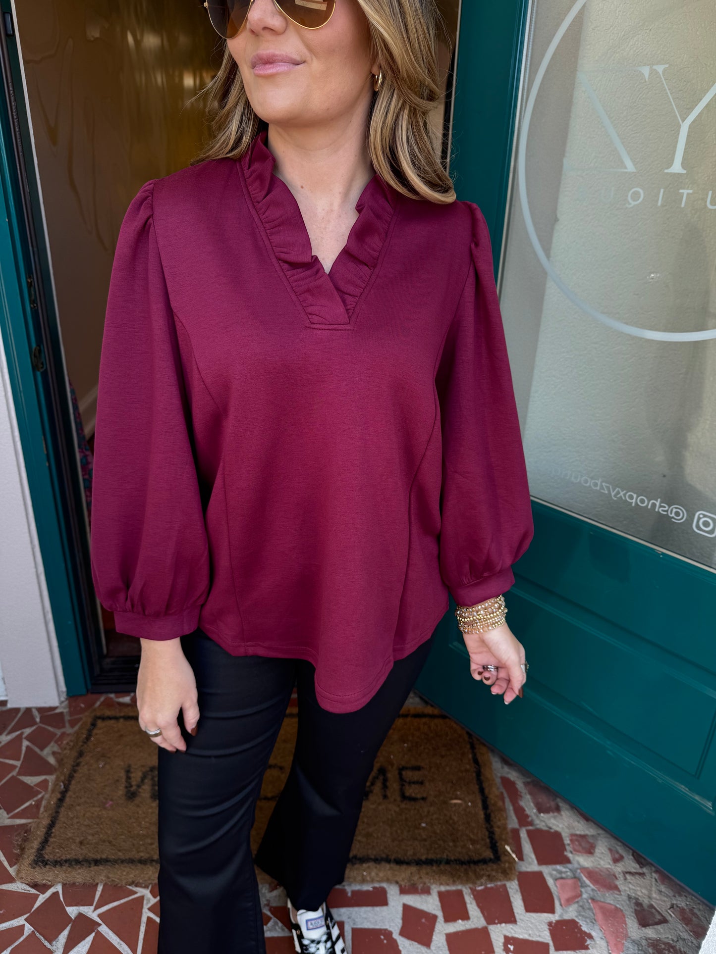 Burgundy Luxeknit Ruffle Neck Blouse with Puff Sleeves