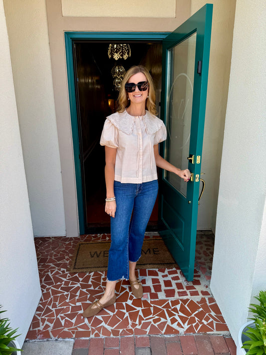 Beige Peter Pan Collared Short Sleeve Top