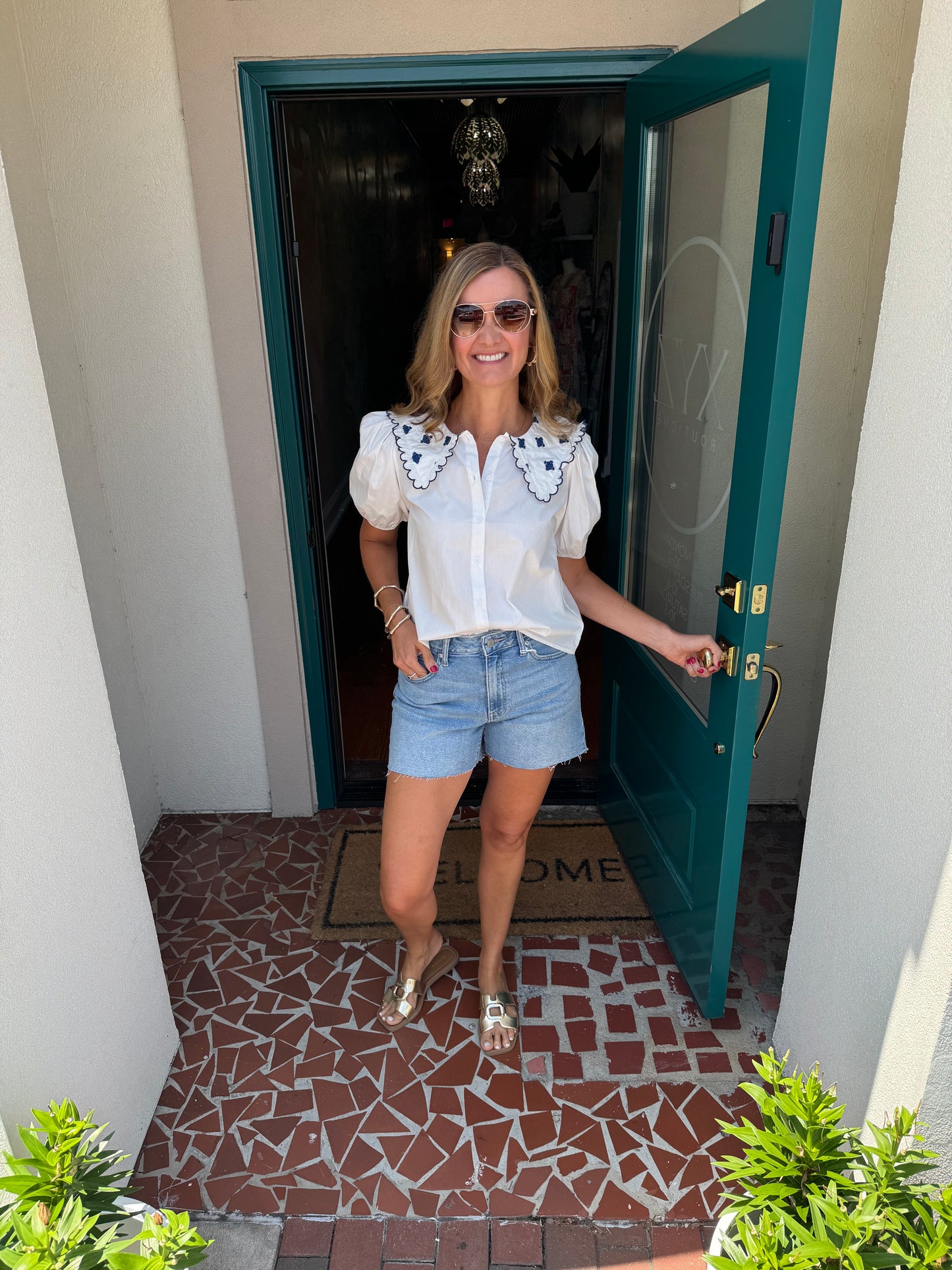 Puffed Sleeve Embroidered Button Down Top