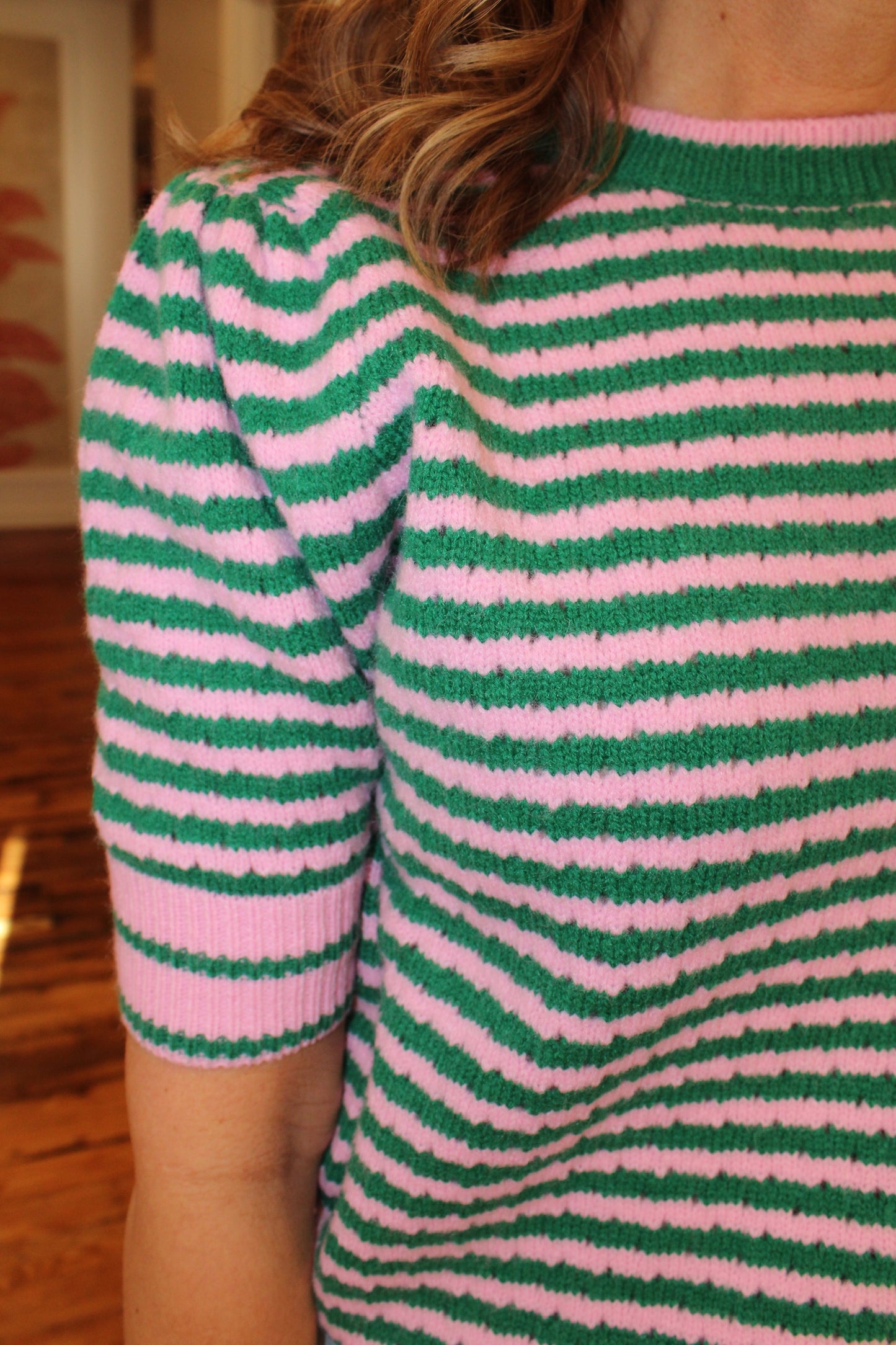 Striped Pointelle Puff Sleeve Sweater