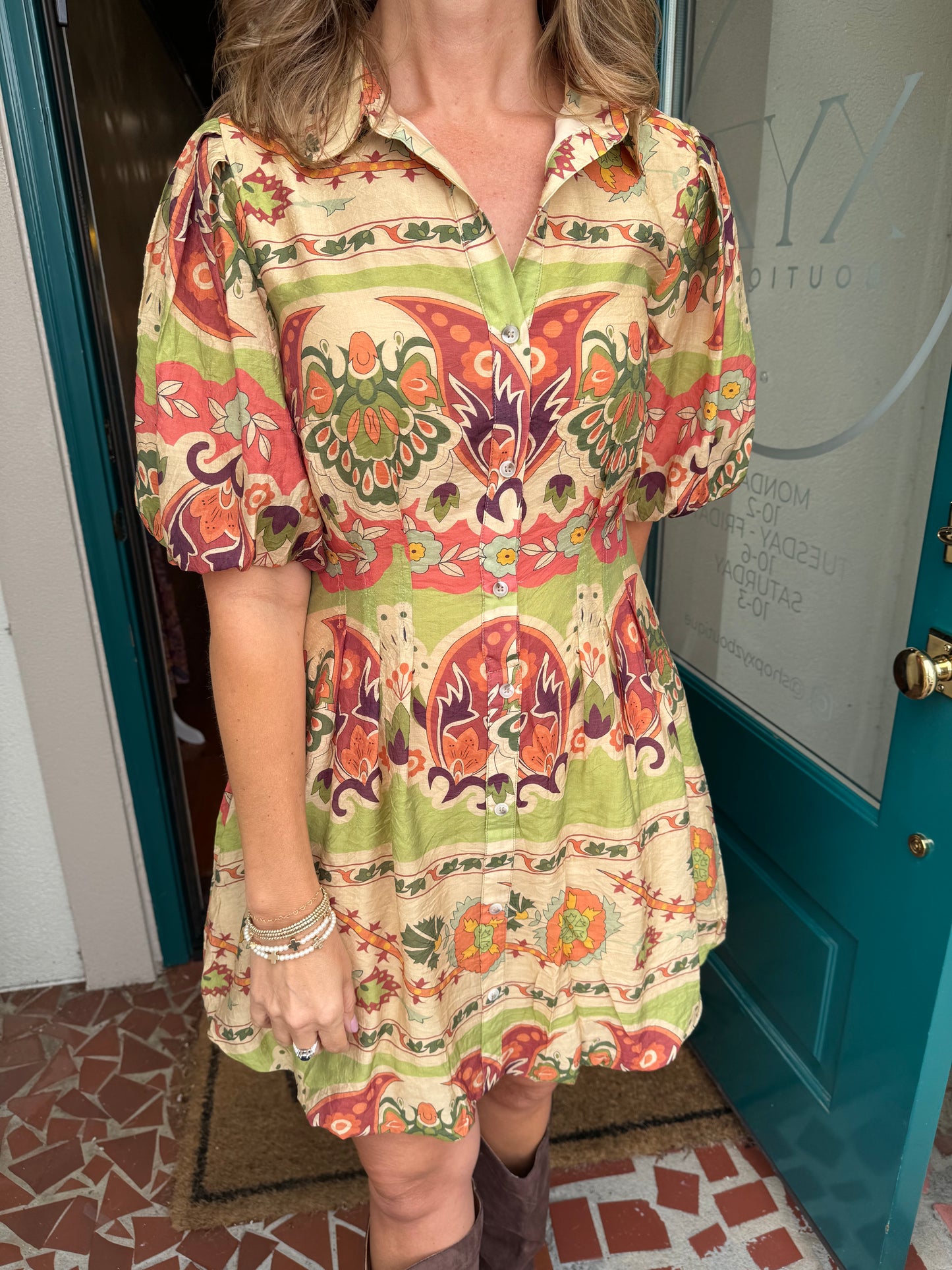 Green Printed Bubble Hem Shirt Dress