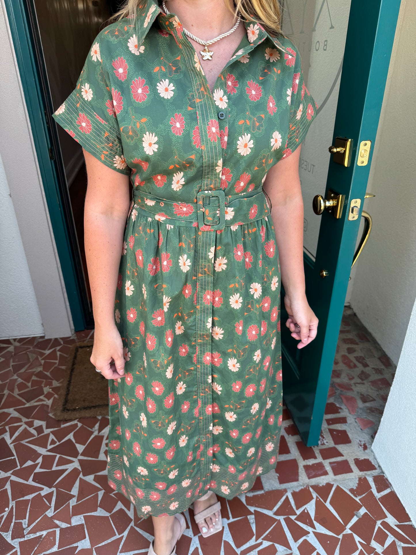 Green Print Shirt Collar Short Slv Midi Dress