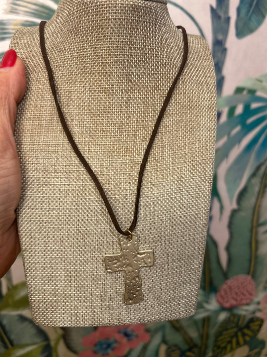 Gold Cross Leather Tie Necklace