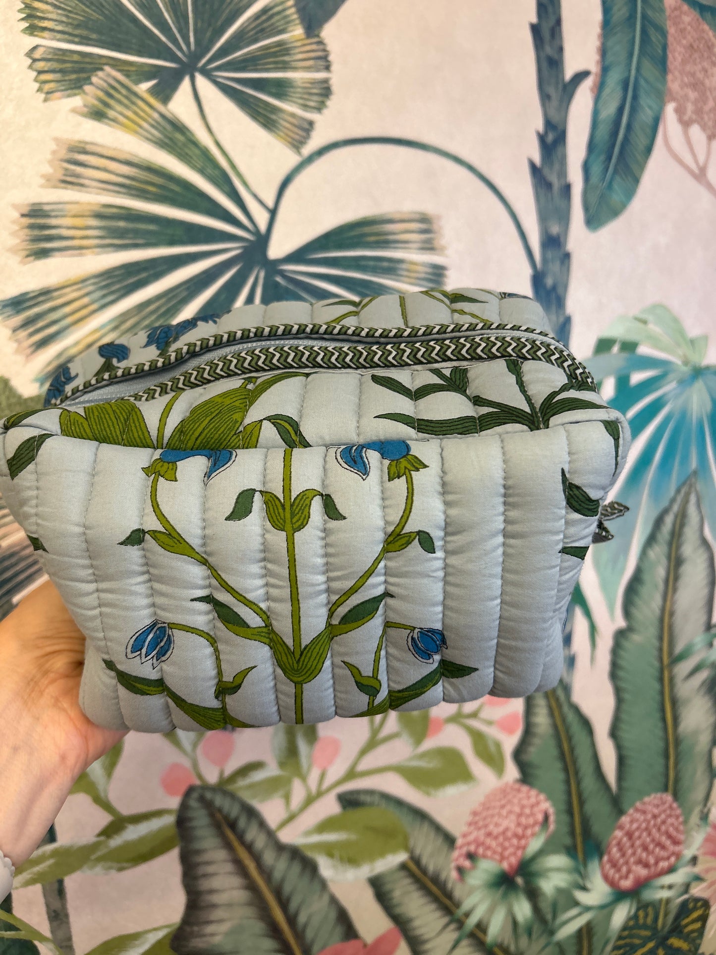 Medium Blue Floral Quilted Cosmetic Bag