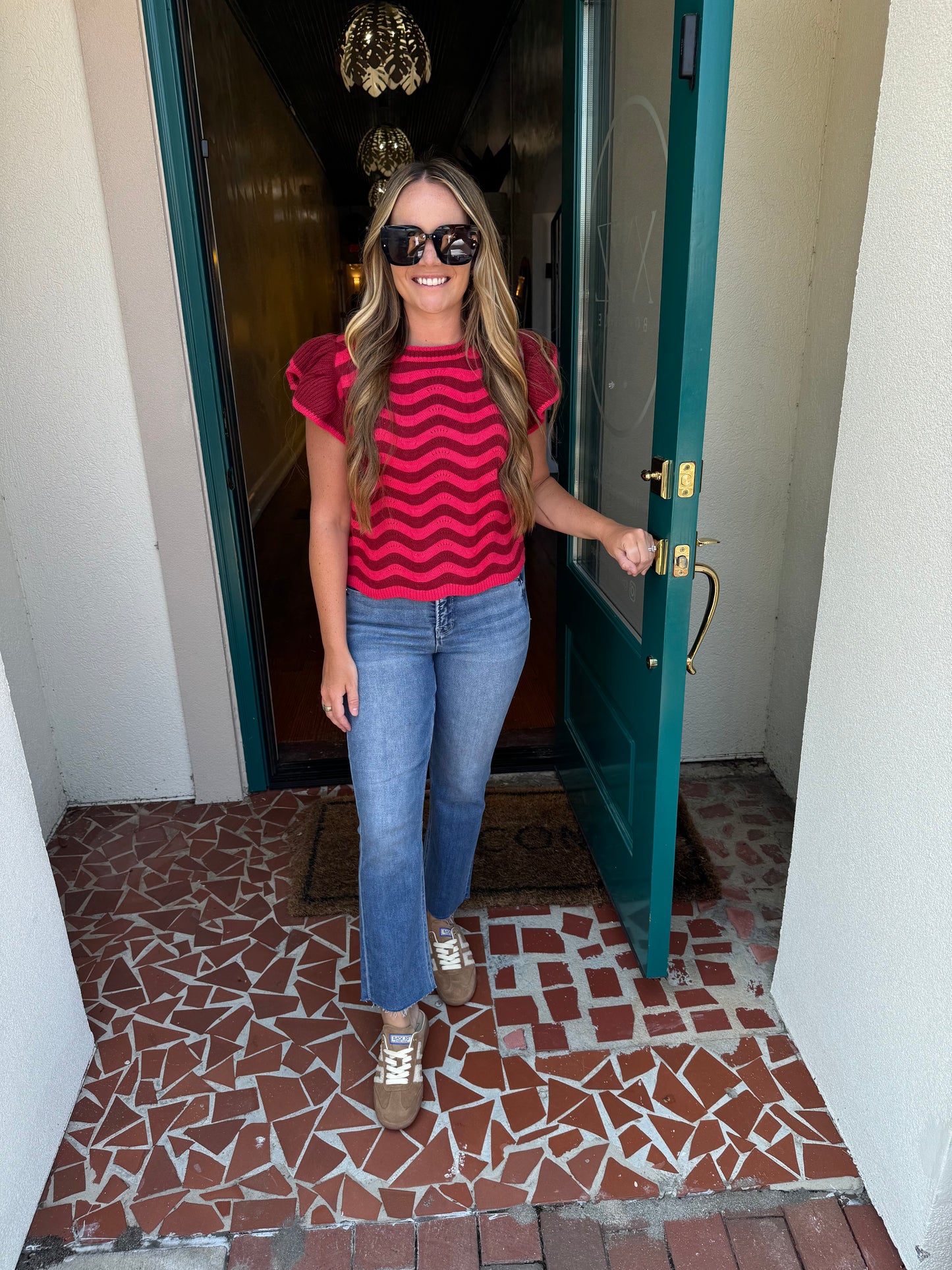 Wavy Stripes Flutter Sleeve Sweater Top