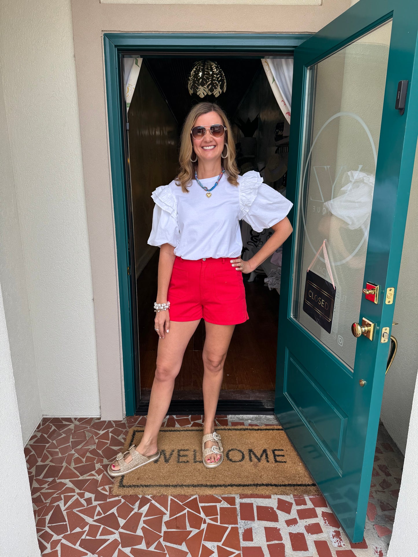 Red Patch Pocket High Waist Cotton Shorts