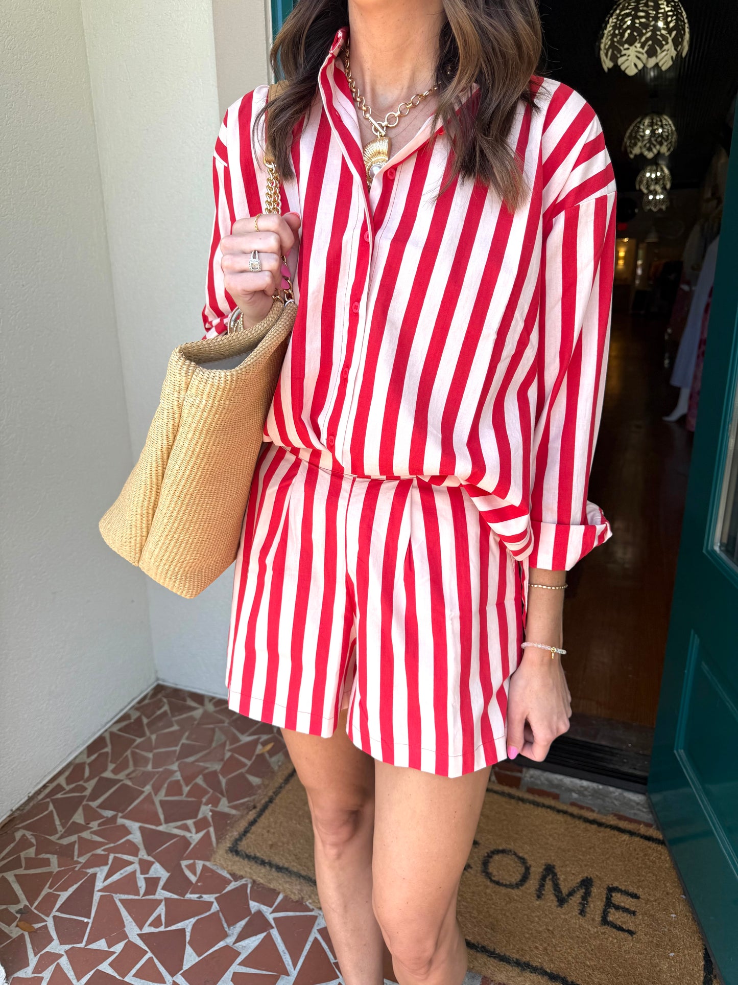 Stripe Button Up Shorts Set