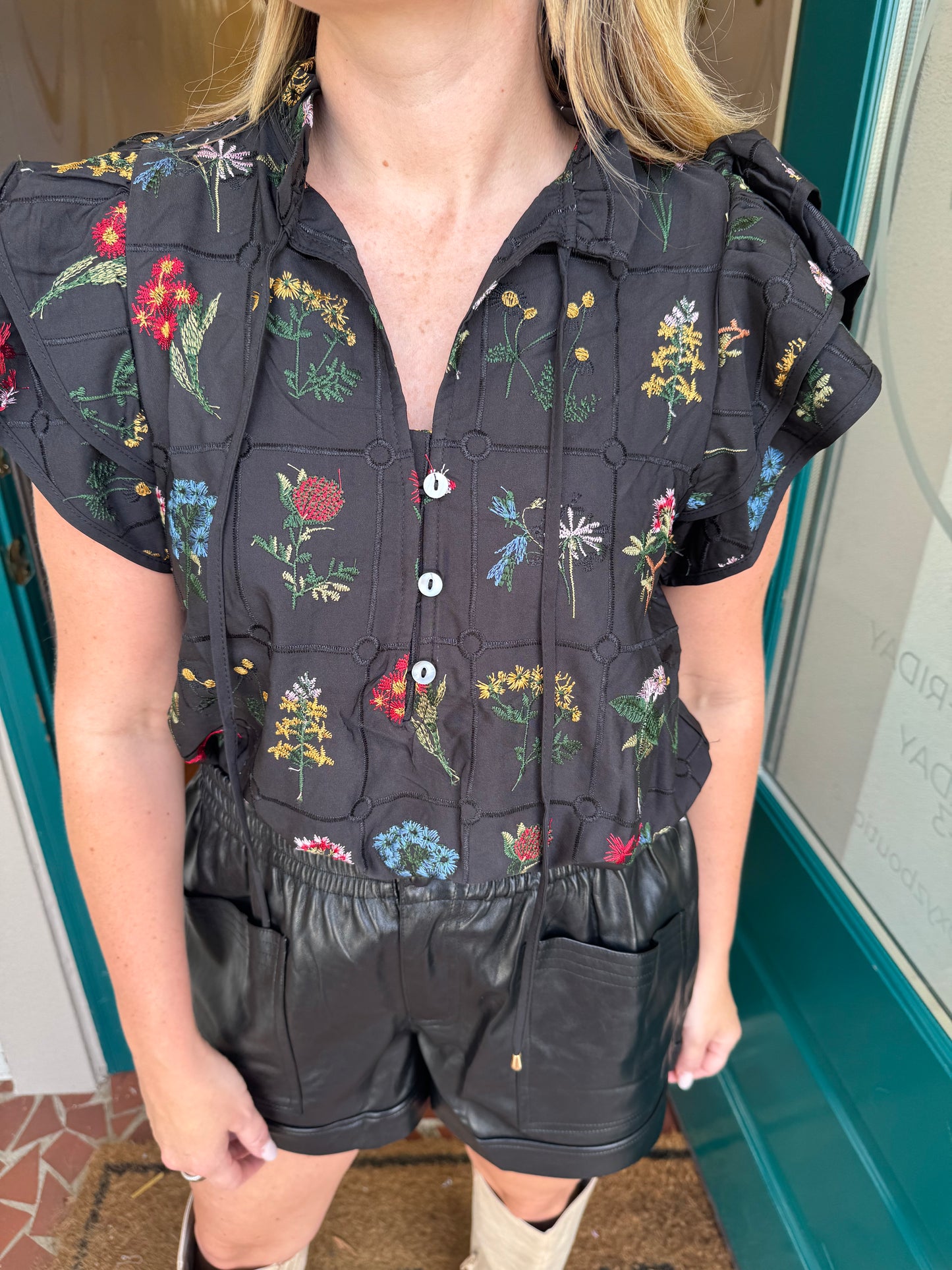 Black Floral Embroidered Flutter Sleeve Top