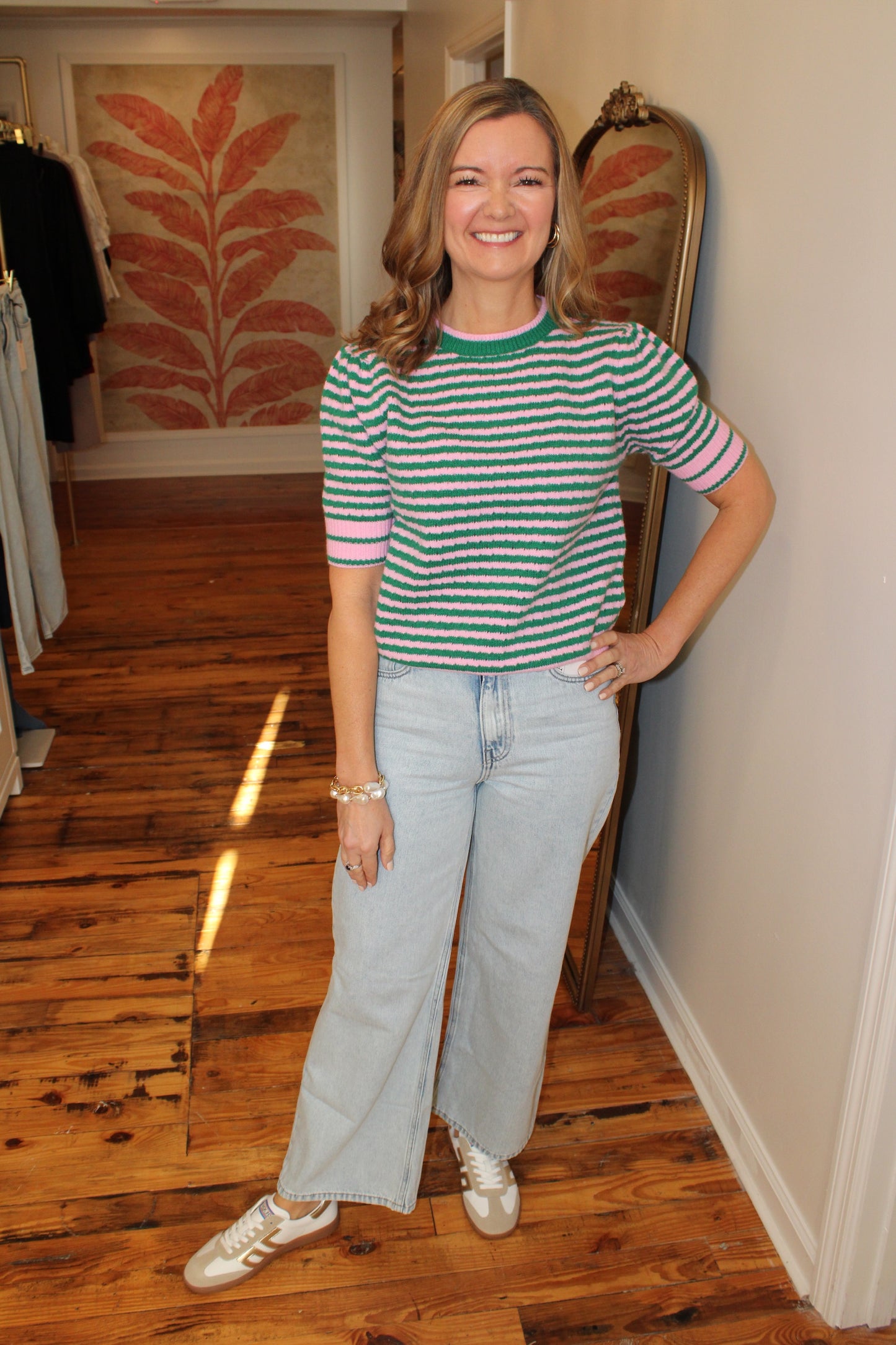 Striped Pointelle Puff Sleeve Sweater