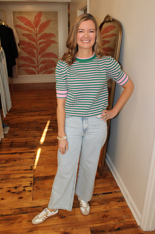 Striped Pointelle Puff Sleeve Sweater