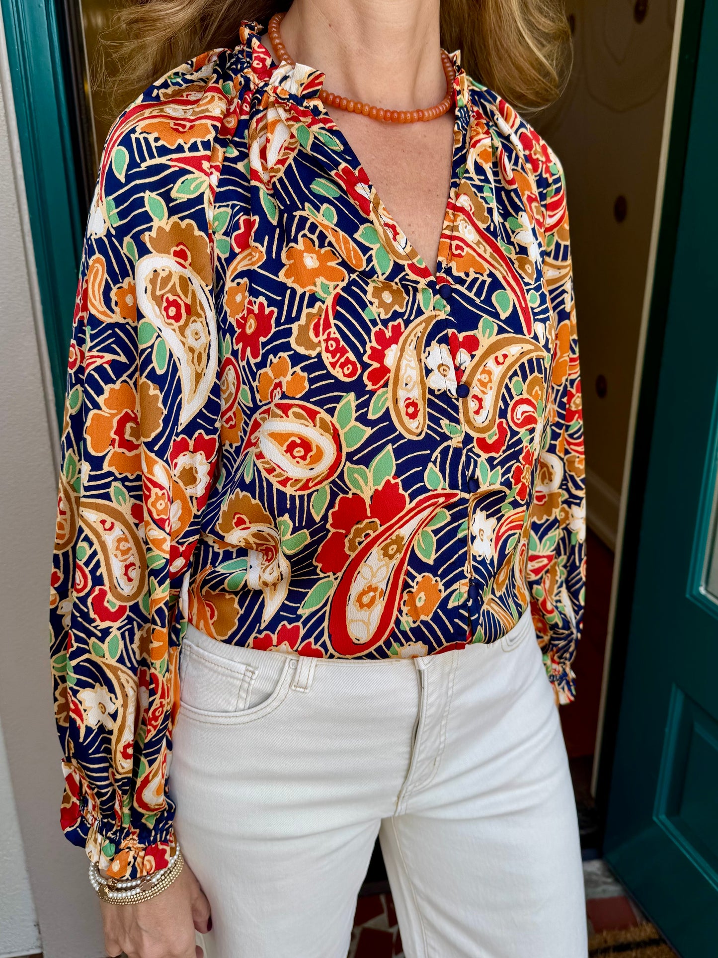 Satin Paisley Ruffle Neck Tie Blouse