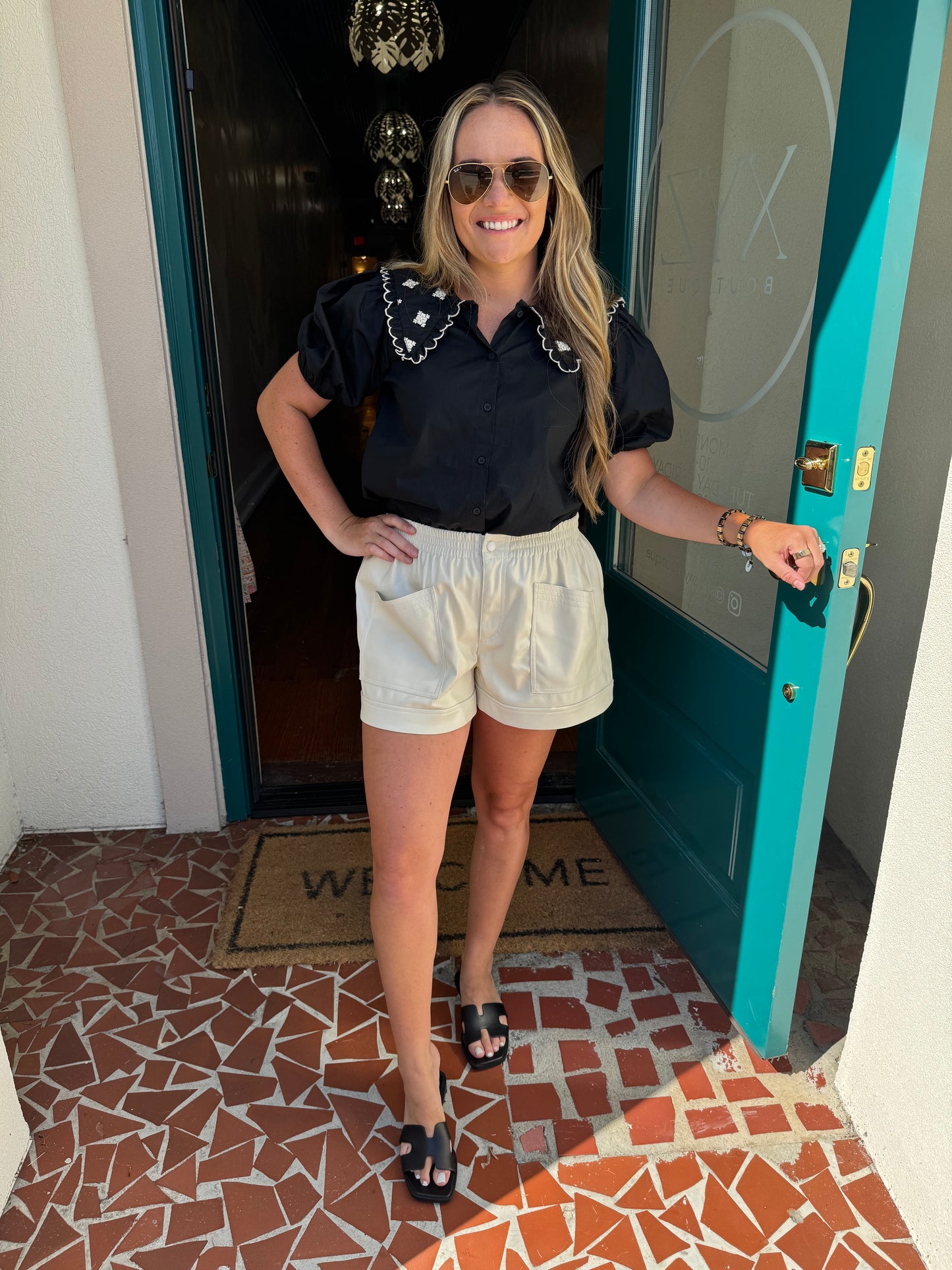 Black Puffed Sleeve Embroidered Button Down Top