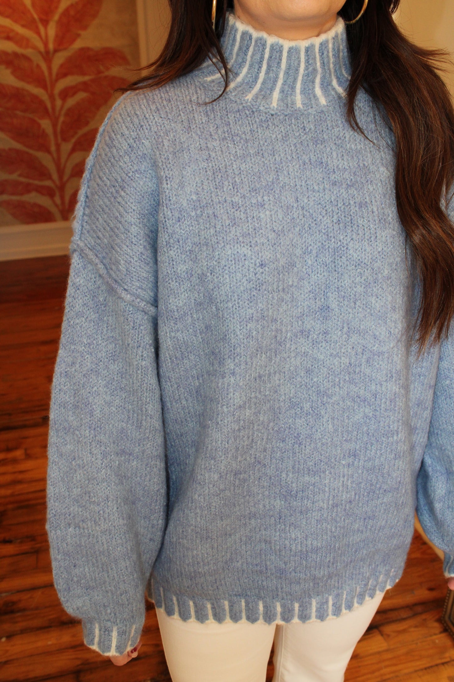 Oversized Stitching Blue Mock Neck Sweater