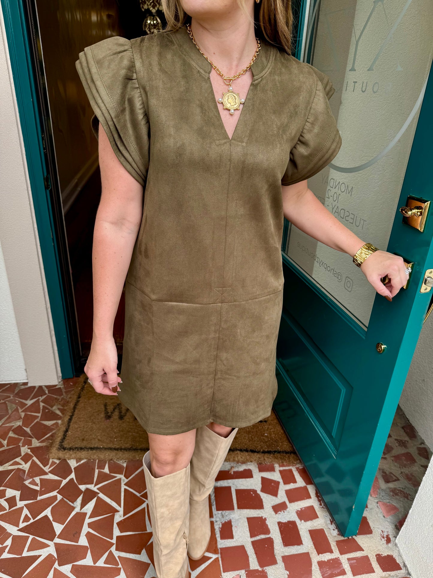Flutter Sleeve Suede Dress